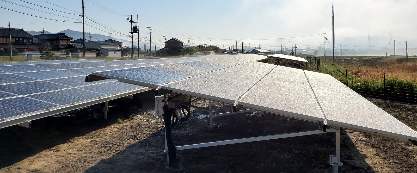朝の光を受ける、自社の太陽光発電所のパネル